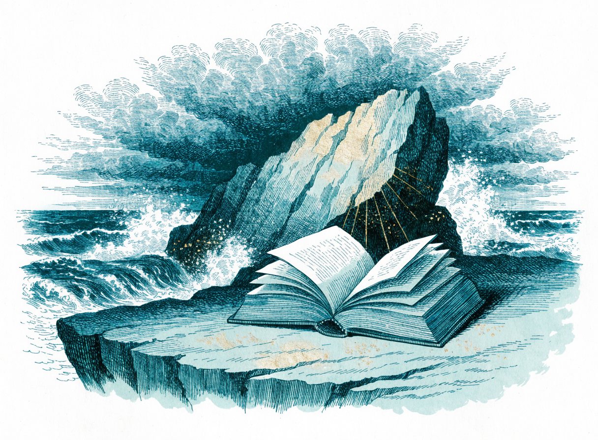 An open book resting on a flat rock at the edge of a stormy sea, waves breaking behind it and gold light falling on its pages