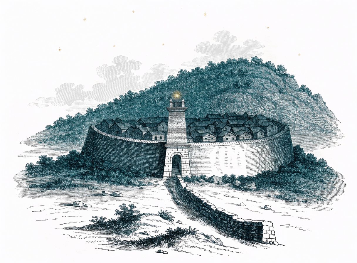 A walled hilltop city at dusk with a lamp burning at the top of its gate tower