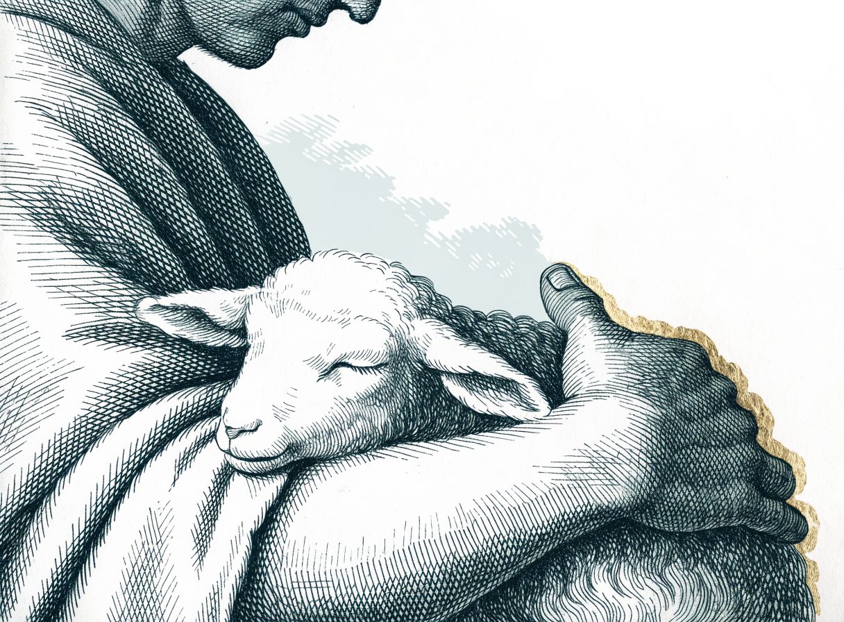 A shepherd carrying a sleeping lamb in the crook of his arm, his hand wrapped around it