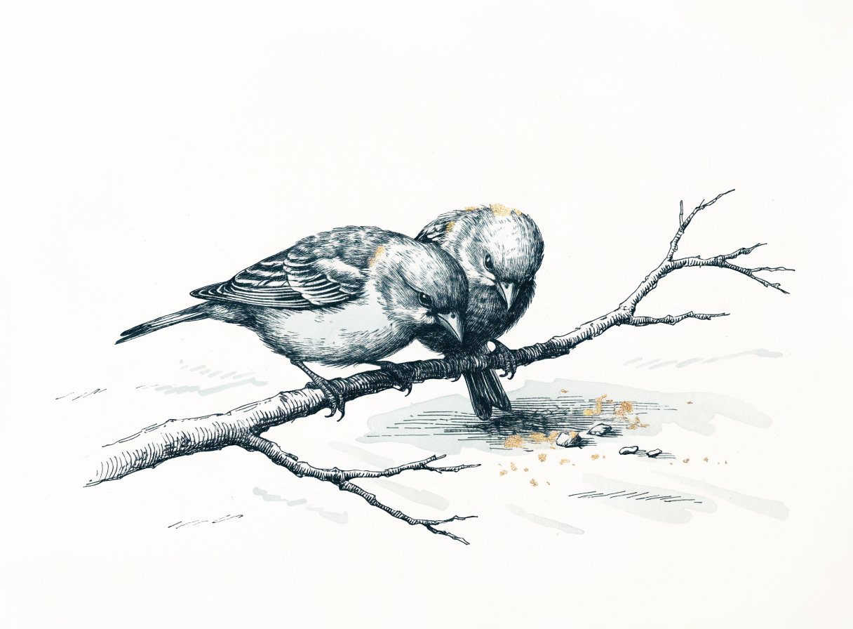 Two sparrows perched on a bare branch looking down at scattered seeds