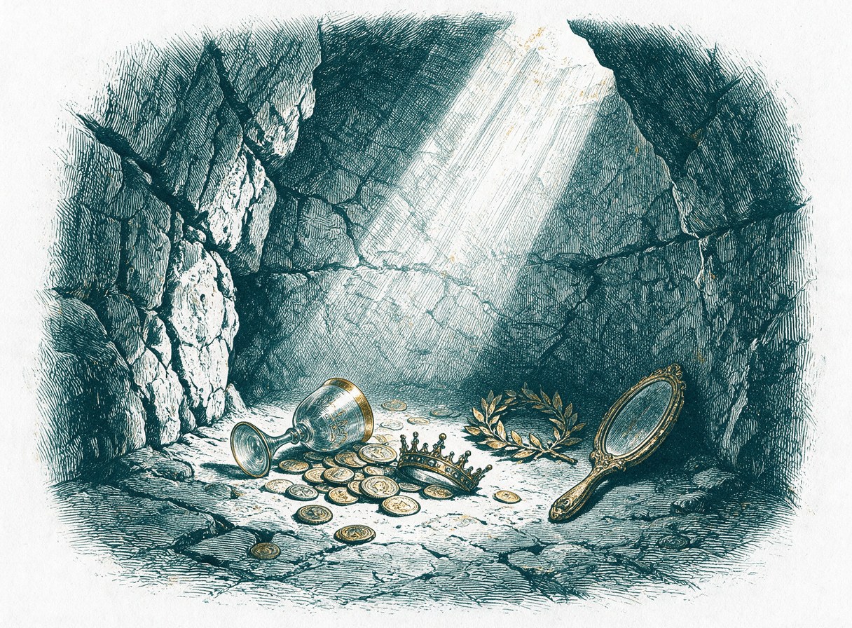 A dry and cracked stone cistern holding the world's abandoned treasures: a tipped goblet, scattered coins, a small crown, a laurel wreath, and a hand mirror