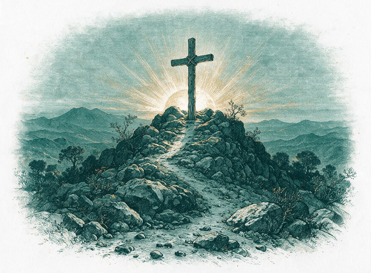 An empty wooden cross on a rocky hill at dawn with a narrow path climbing toward it and gold light breaking behind