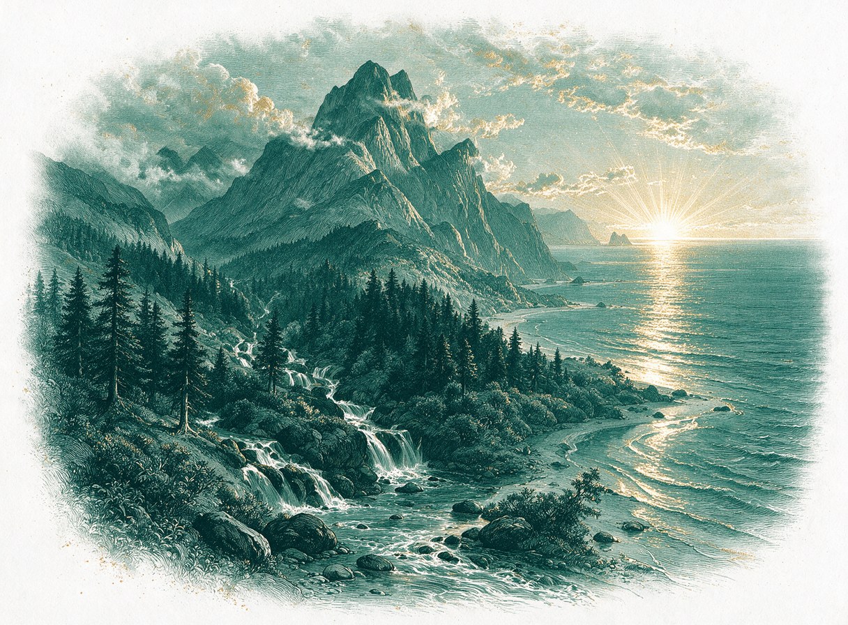 Small mountain streams running down a valley into a wide calm ocean as the sun rises over the water