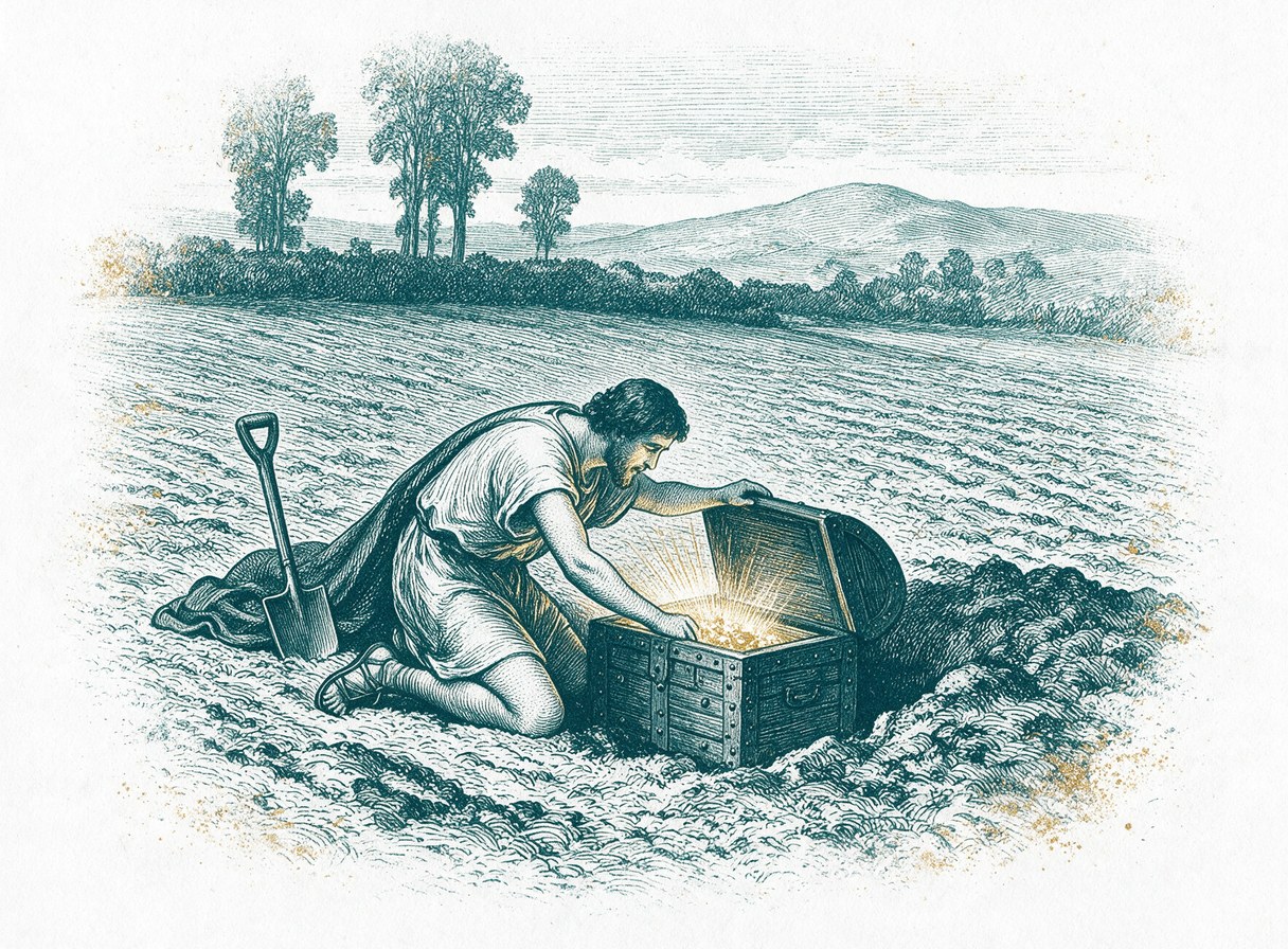 A man kneeling in a plowed field, lifting the lid of a buried chest as gold light spills out onto his face