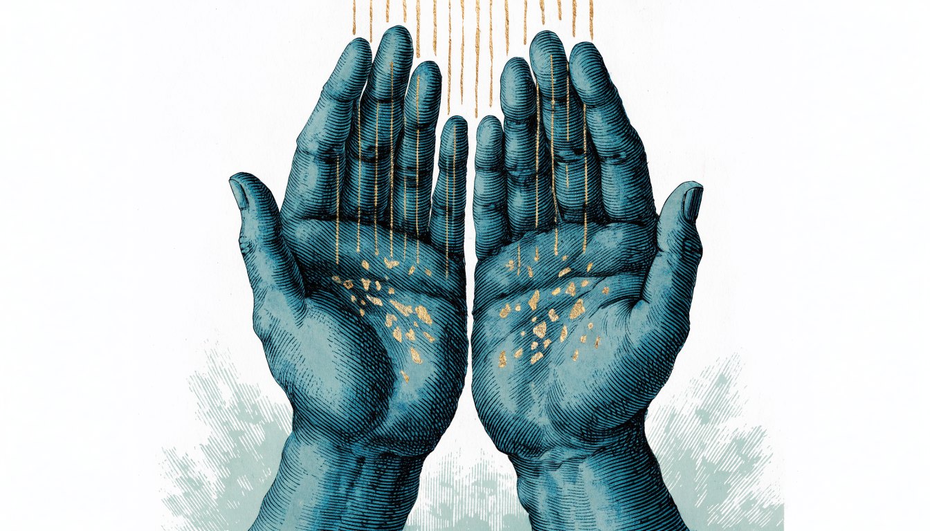 Open hands: two hands held open and empty, palms up, under falling light