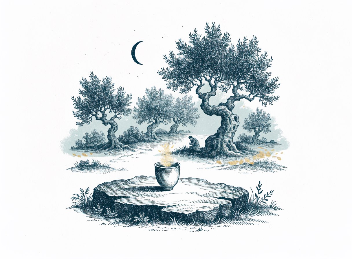 A cup resting on a stone in a garden of olive trees at night