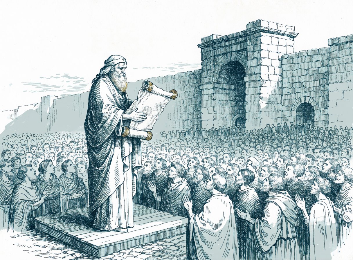An elderly scribe standing on a wooden platform in a city square holding a large open scroll, a great crowd below listening