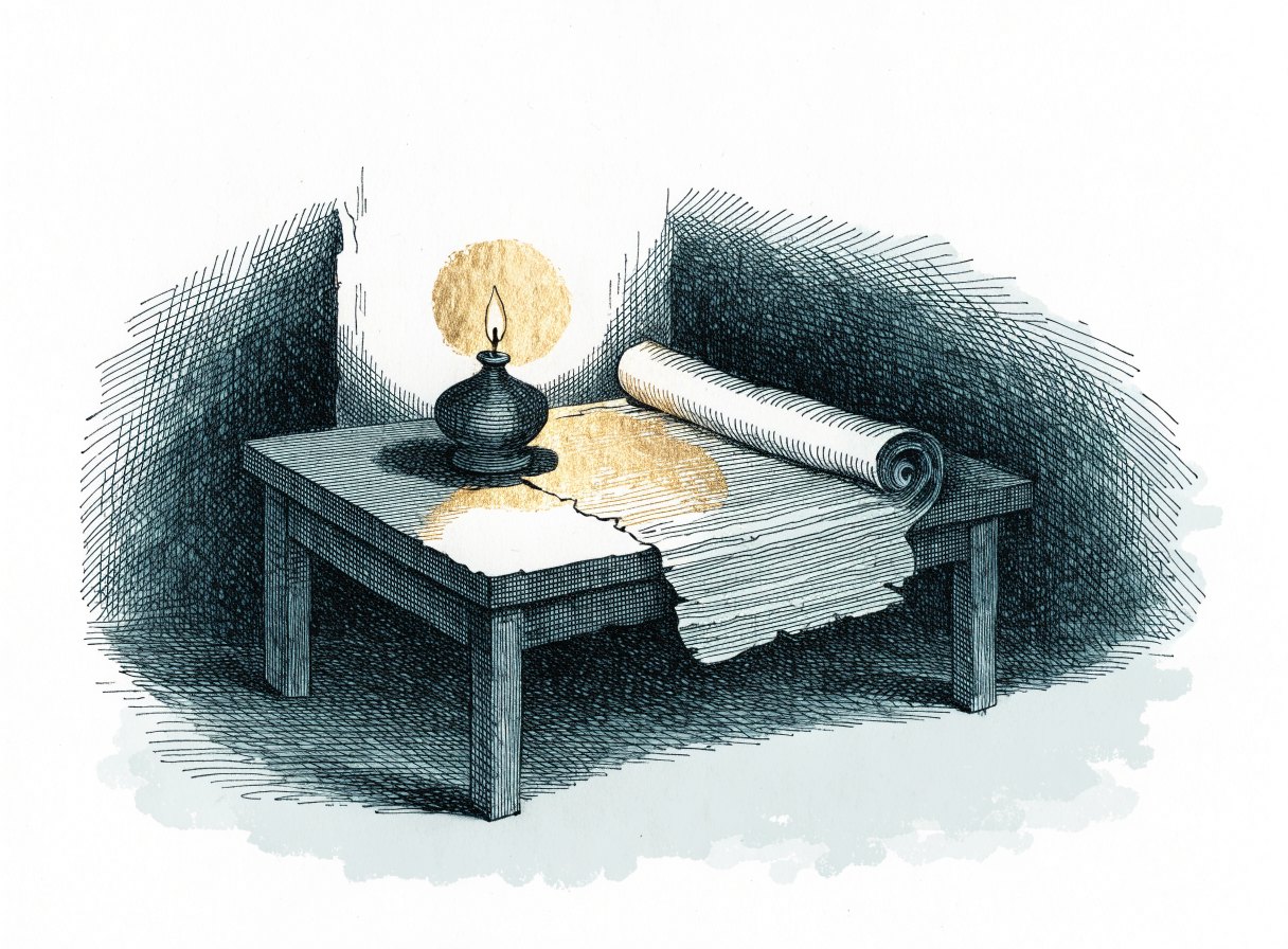 A small clay oil lamp burning on a wooden table beside an open scroll, casting a warm circle of light