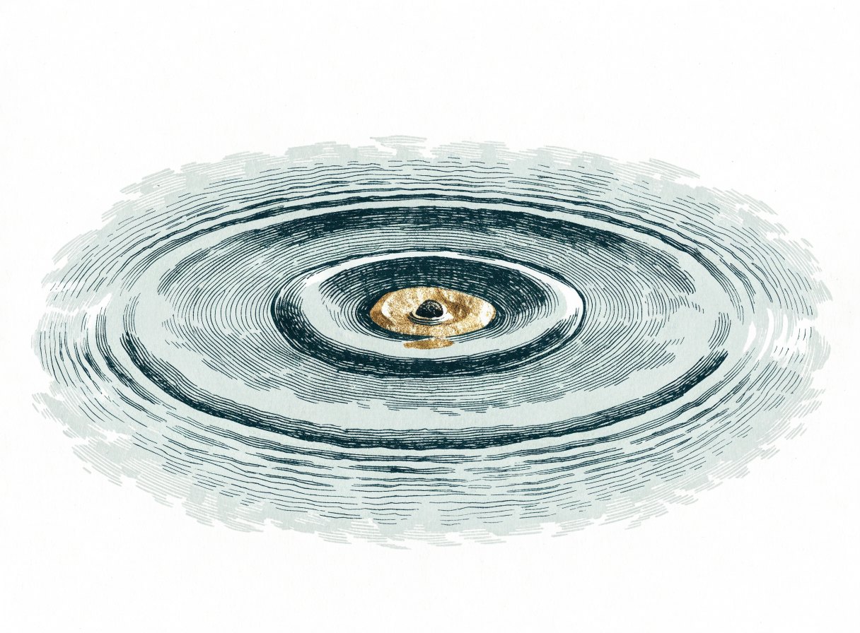 A single stone dropped into a still pond, with wide concentric rings spreading across the water