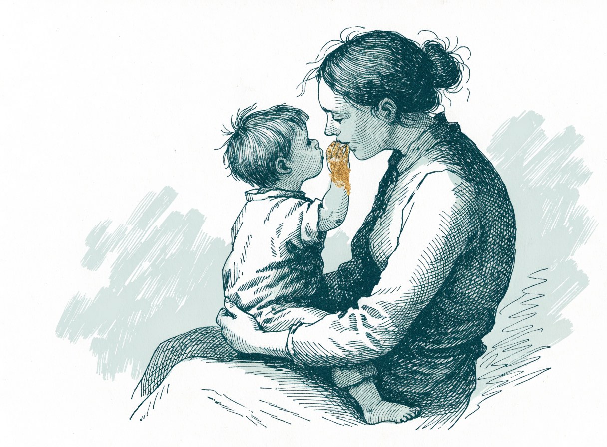 A mother holding a toddler on her lap, faces close, the child reaching up to touch her lips