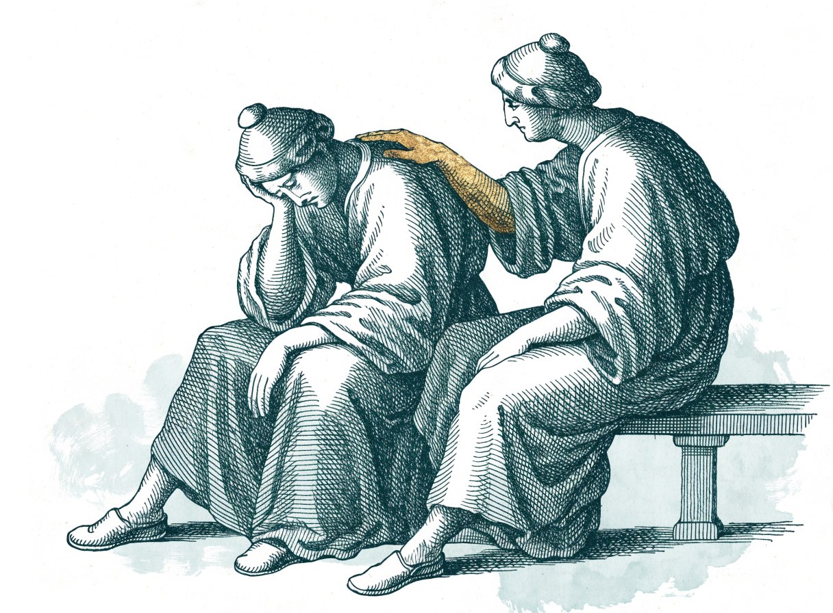 Two men on a bench, one bowed in grief, the other leaning close with a gold-lit hand on his shoulder