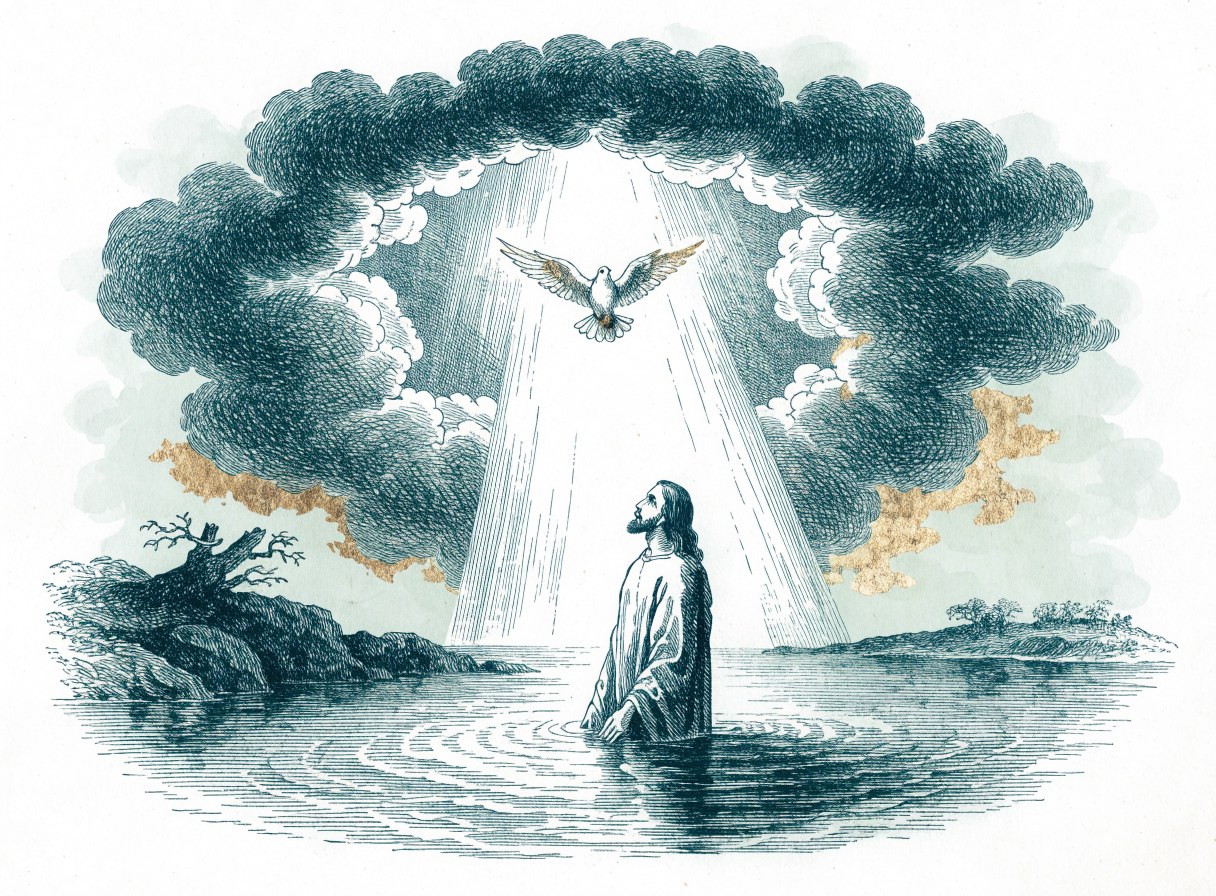 Jesus standing in the Jordan River as heaven opens and a dove descends toward him through a shaft of light