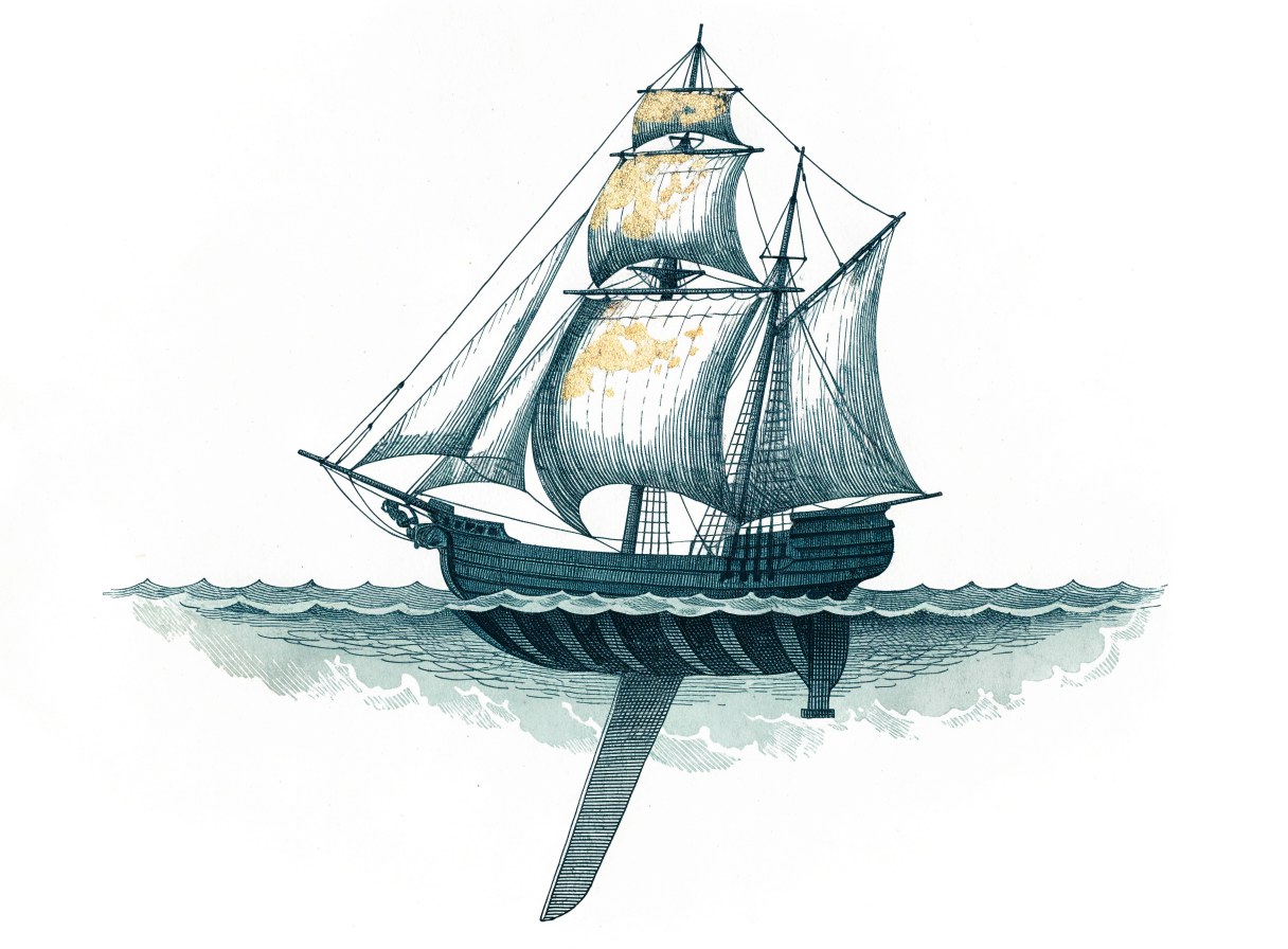 A sailing ship with gold-lit sails full of wind and a long keel visible below the waterline