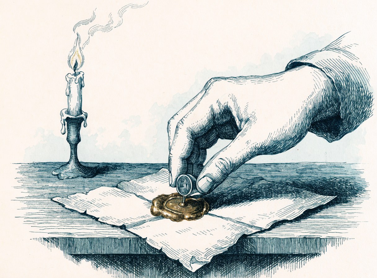 A hand pressing a signet ring into gold wax on a folded letter beside a candle