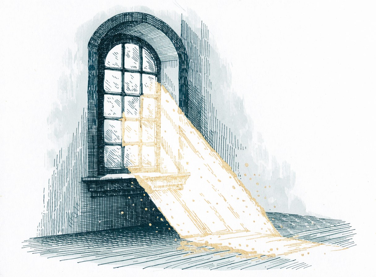 A quiet room with a tall arched window and a broad gold shaft of sunlight full of floating specks of dust