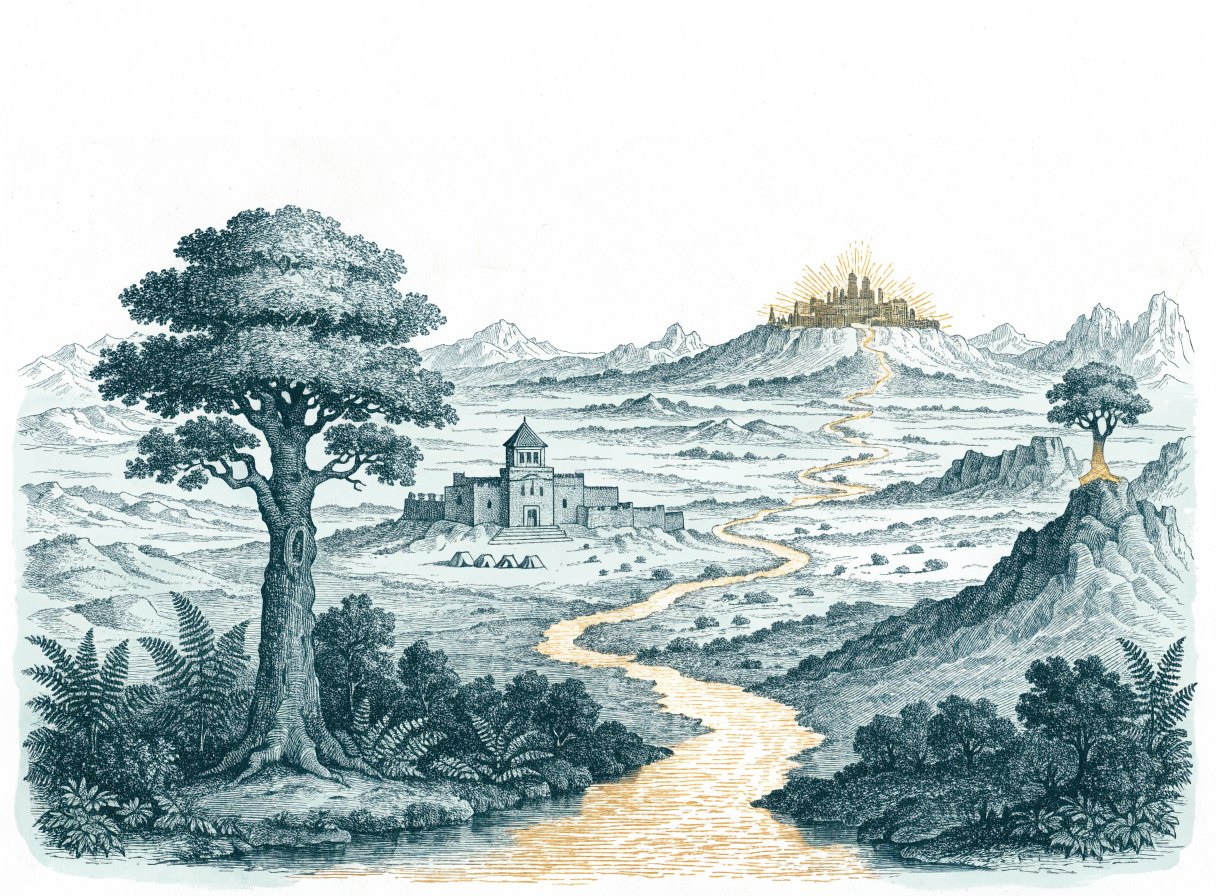A single golden river winding from a garden with a great tree, past a tent camp and a walled city with a temple, to a radiant city on a distant mountain