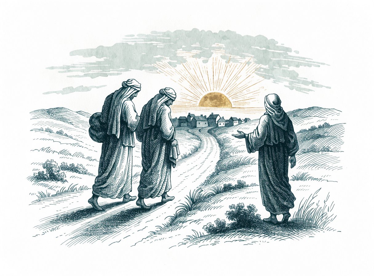 Two travelers walking a dusty road toward a small village at sunset while a third traveler walks with them, one hand open as he talks