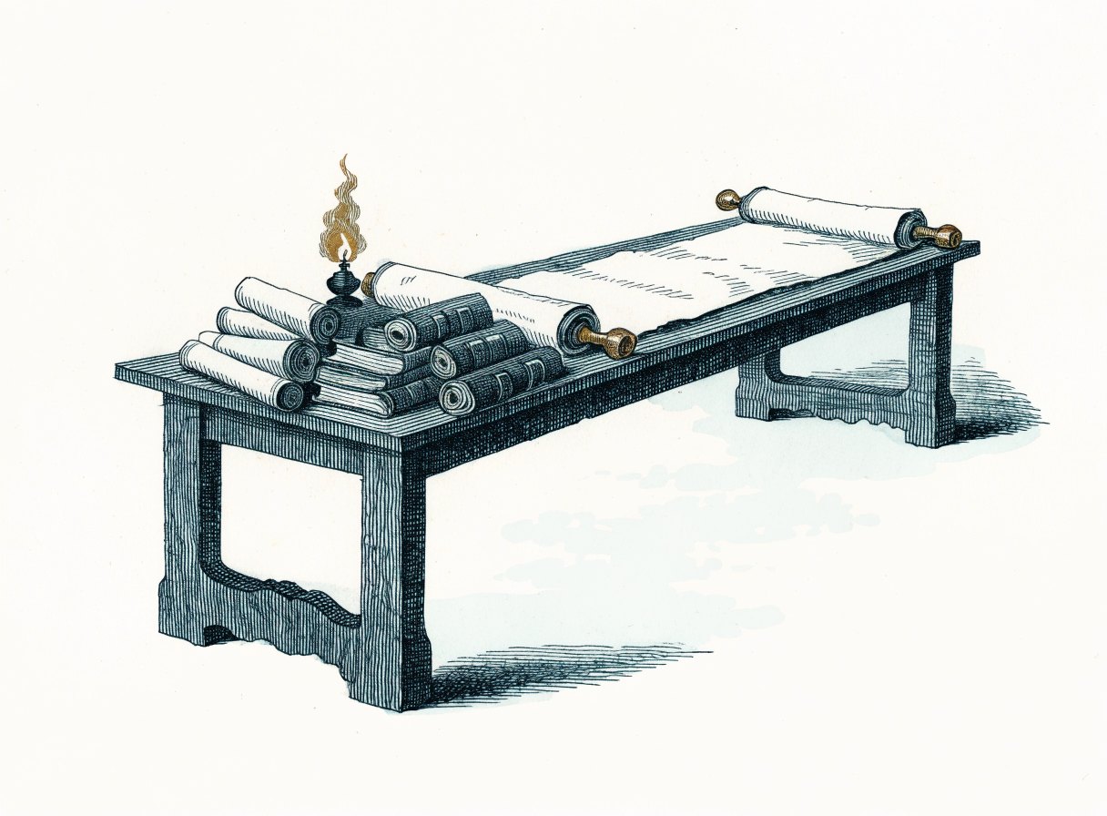 A long wooden table with a single scroll unrolled across it, more scrolls stacked at one end beside a burning oil lamp
