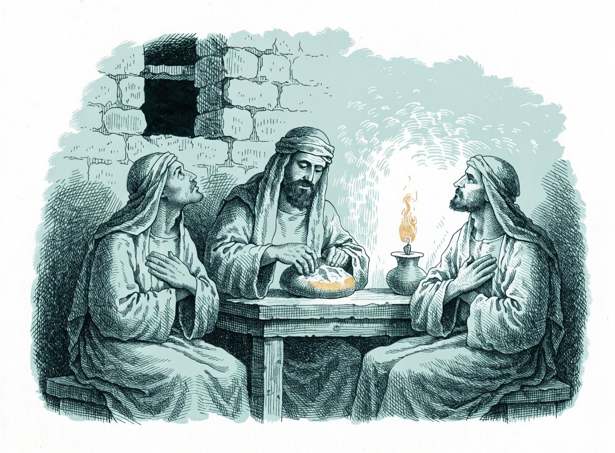 Three men in ancient robes at a low table by lamplight; the man in the middle calmly breaks a round loaf while the other two look at him in wonder