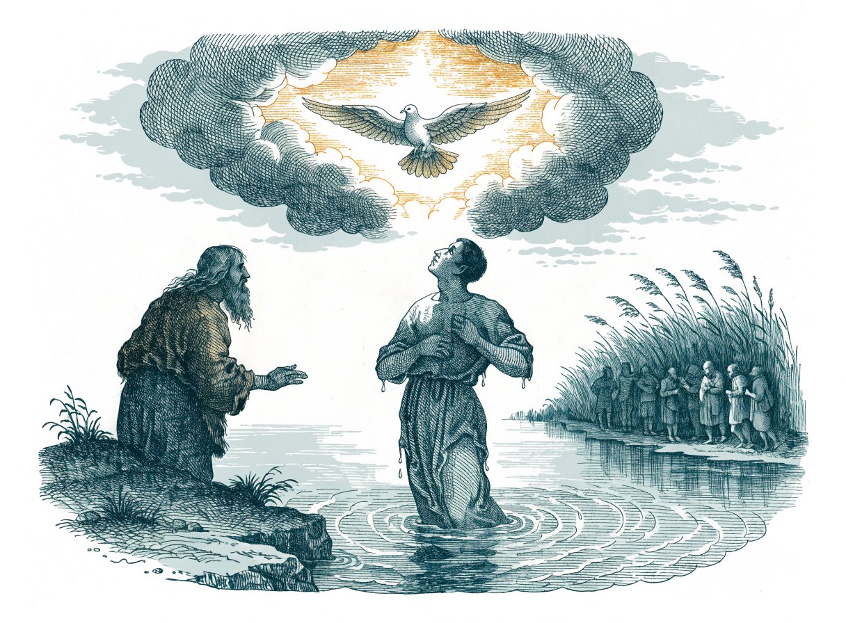 A man standing in a river just risen from the water, a dove descending toward him from an opening in the clouds, while a prophet in a rough garment watches from the bank