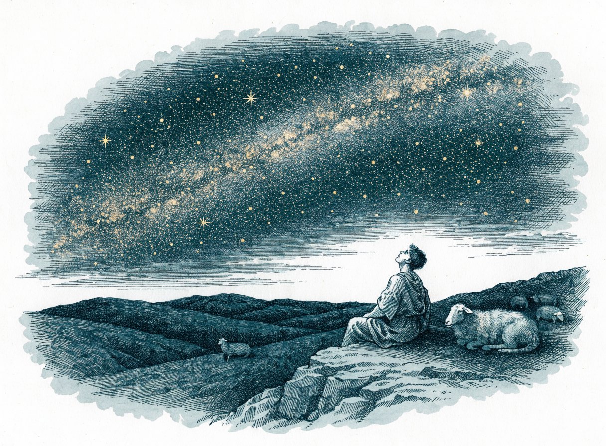 A young shepherd sitting on a rocky hillside at night beside his sheep, looking up at a sky full of stars and the Milky Way