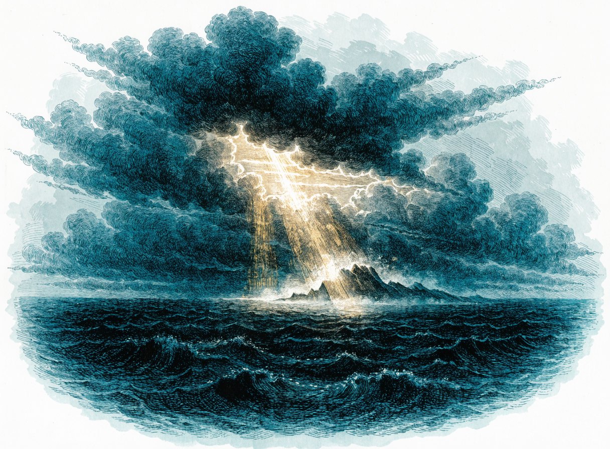 Clouds parting over a dark sea as a great beam of light breaks across the water and new land rises in the distance