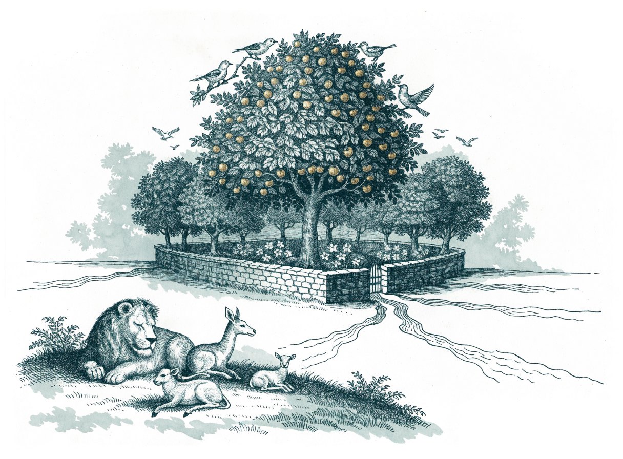 A lush garden of fruit trees with one great tree in the center, a river dividing into four streams, and a lion resting peacefully beside a deer and lambs