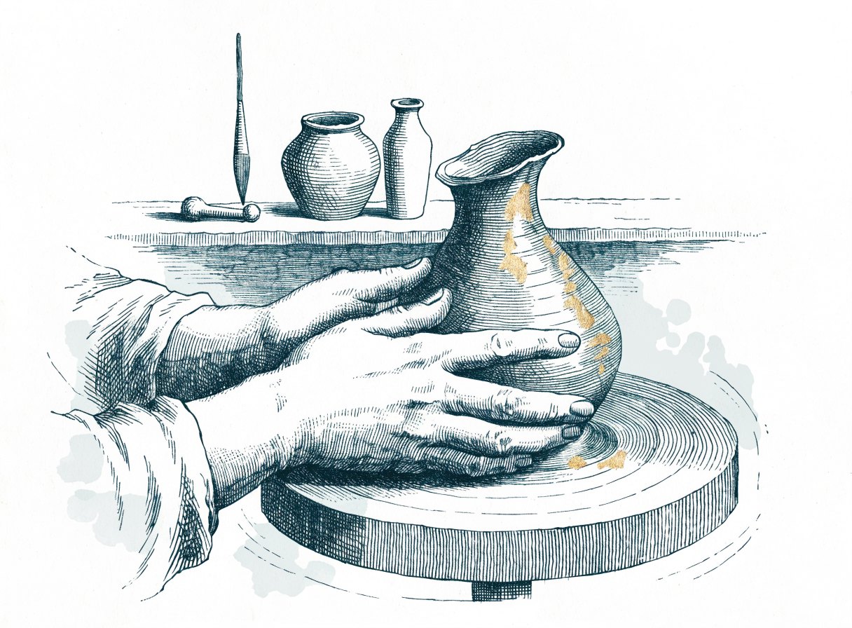 A potter's hands shaping wet clay on a turning wheel in a simple workshop