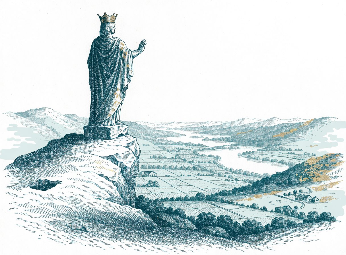 A tall stone statue of a robed king with a gold crown standing on a hilltop, one arm raised over farmland and villages stretching to the horizon