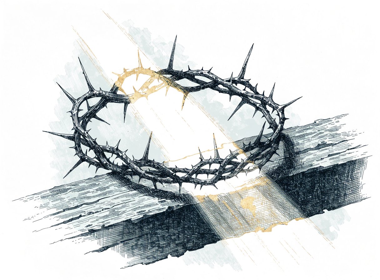 A crown woven from thorny branches resting on a rough wooden beam in a shaft of morning light