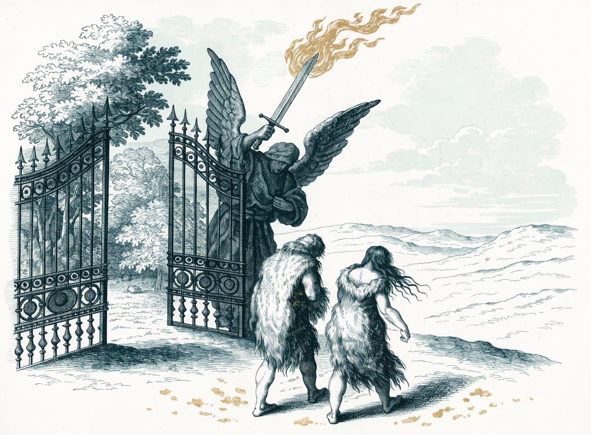 A man and a woman in garments of animal skins walking away from a garden gate toward the east, heads bowed, while a winged guardian with a flaming sword stands at the entrance behind them