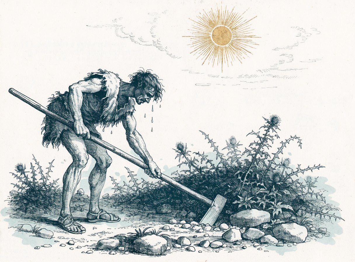 A weary man in a rough tunic of animal skin breaking stony ground with a wooden hoe under a hot sun, the field overgrown with thorns and thistles
