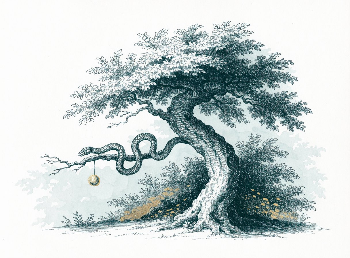 A great old tree in a quiet garden with a serpent coiled along a low branch beside a single golden fruit