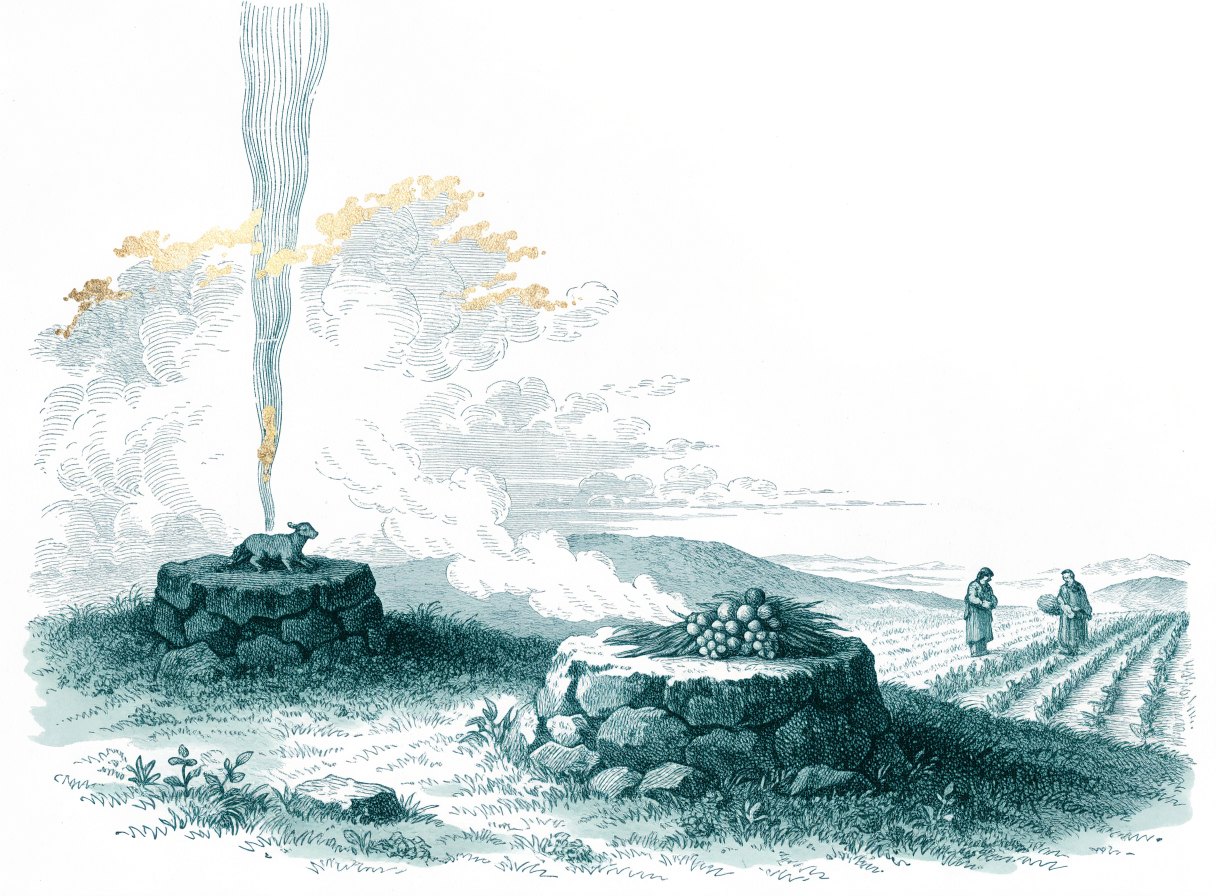 Two rough stone altars on a hillside at evening; smoke from a lamb offering rises straight up while smoke from the other altar drifts low along the ground, with two brothers standing apart in the distance