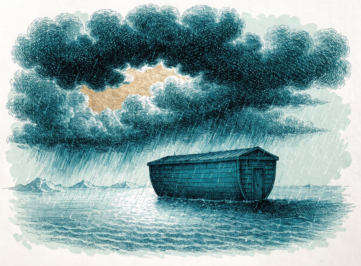 A huge plain wooden ark floating alone on a flooded sea under heavy rain and storm clouds, with a single break of golden light