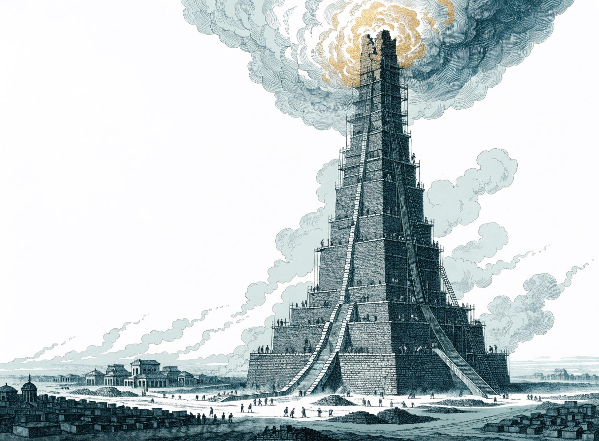 An enormous unfinished stepped brick tower rising into the clouds above an ancient city, with scaffolds and crowds of tiny workers hauling bricks