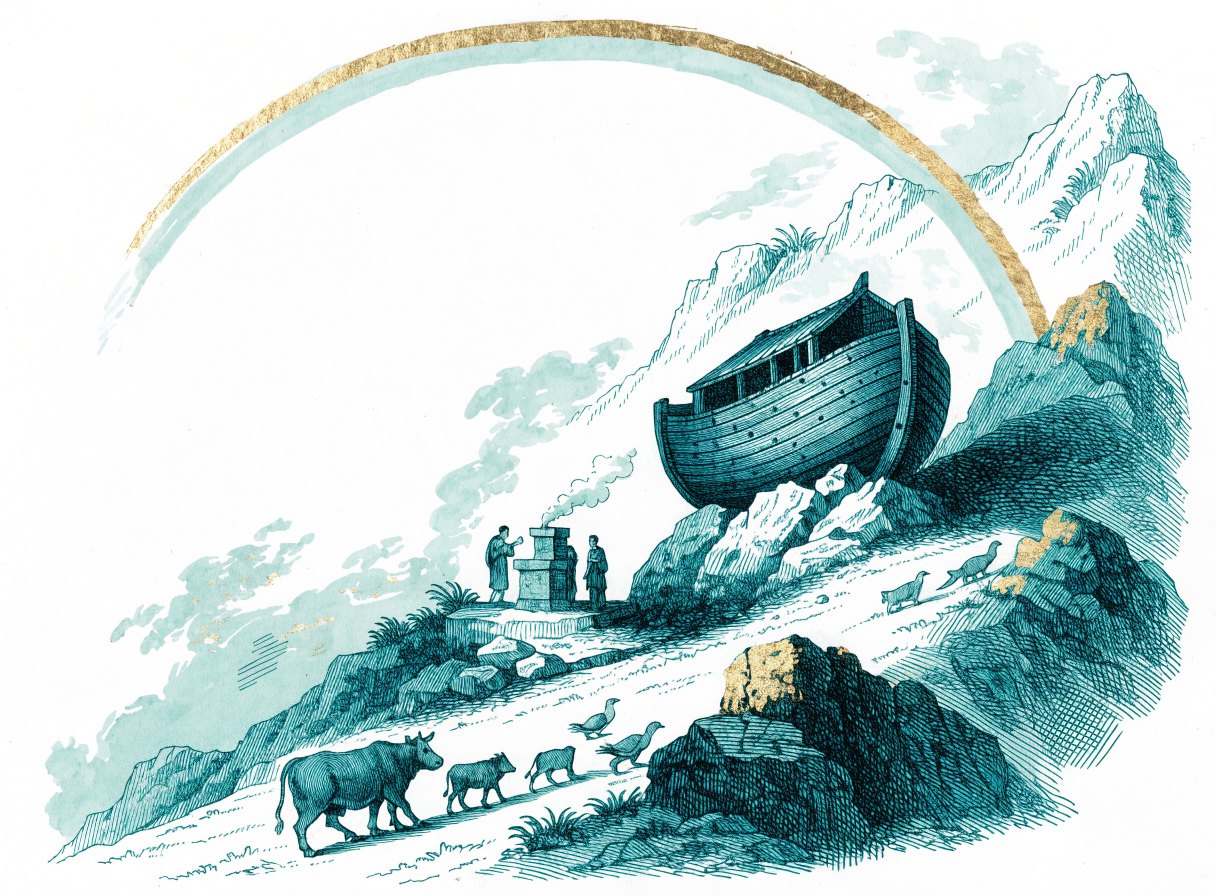The ark resting on a mountainside after the flood while a family stands beside a stone altar with smoke rising and a wide rainbow arches across the clearing sky