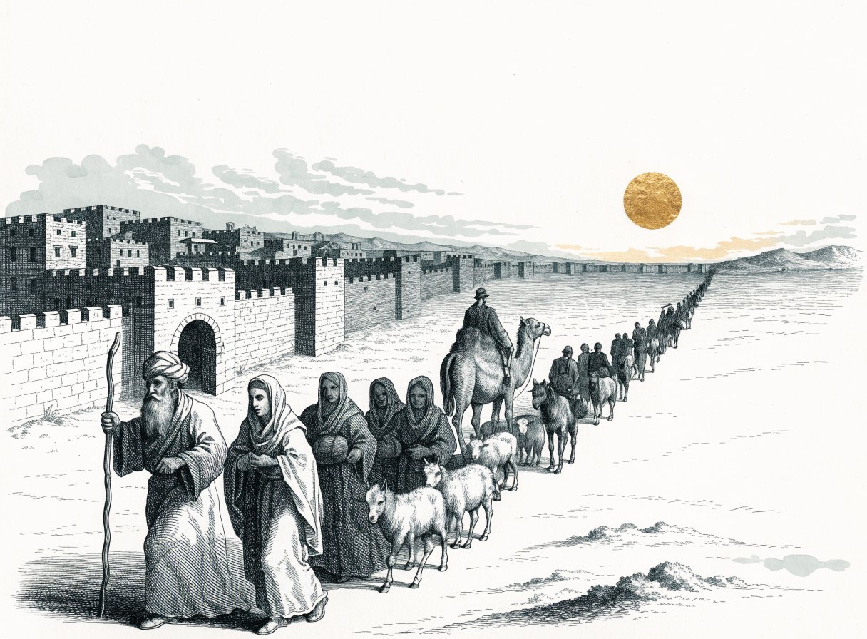 An old man with a staff leading a long caravan of camels, donkeys, sheep, and servants out of a walled ancient city at dawn toward distant hills