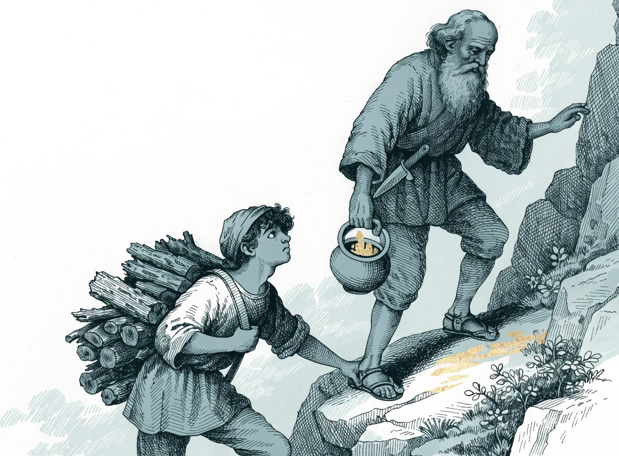 An old father and his teenage son climbing a steep mountain path, the son carrying firewood on his back and the father carrying a fire pot and a knife