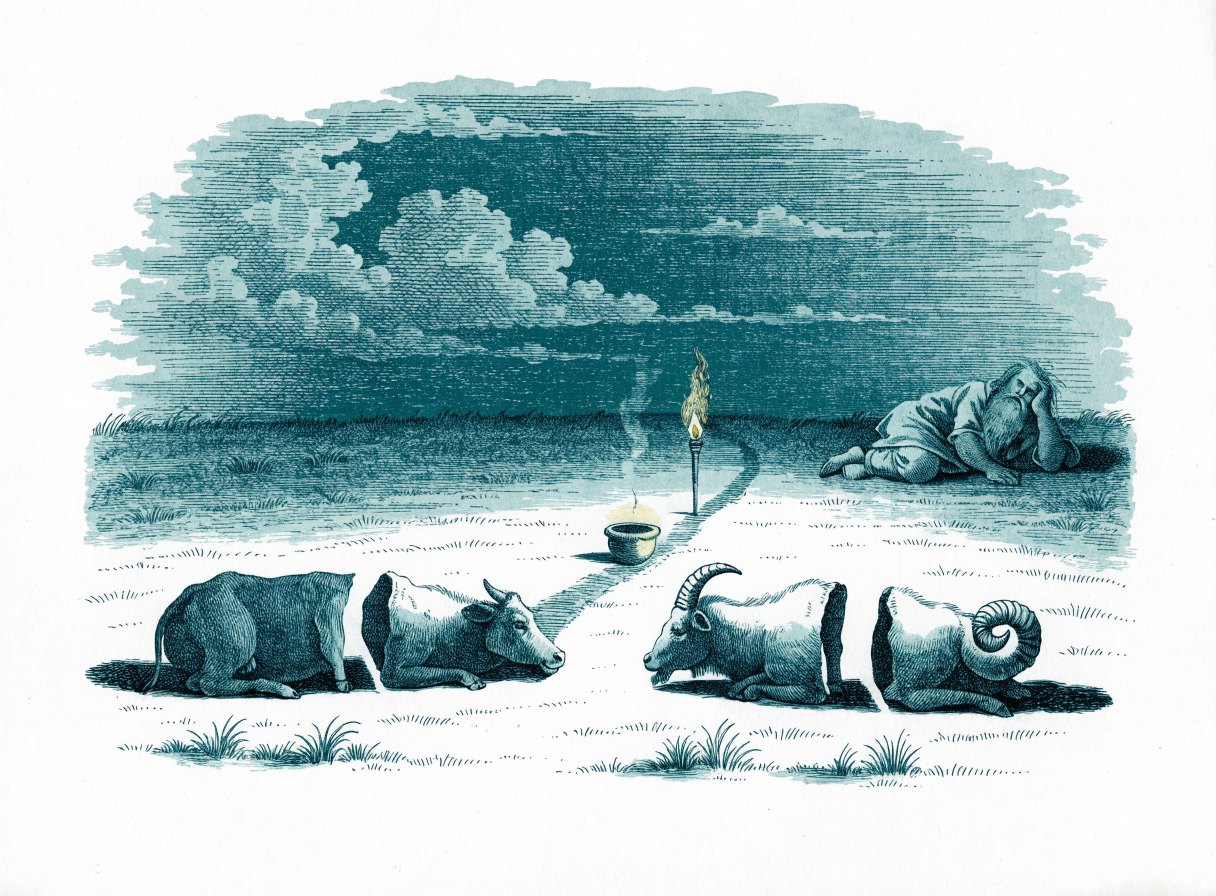 At dusk in a dry field, animal halves lie in two facing rows while a smoking fire pot and a blazing torch move between them; an old man sleeps nearby