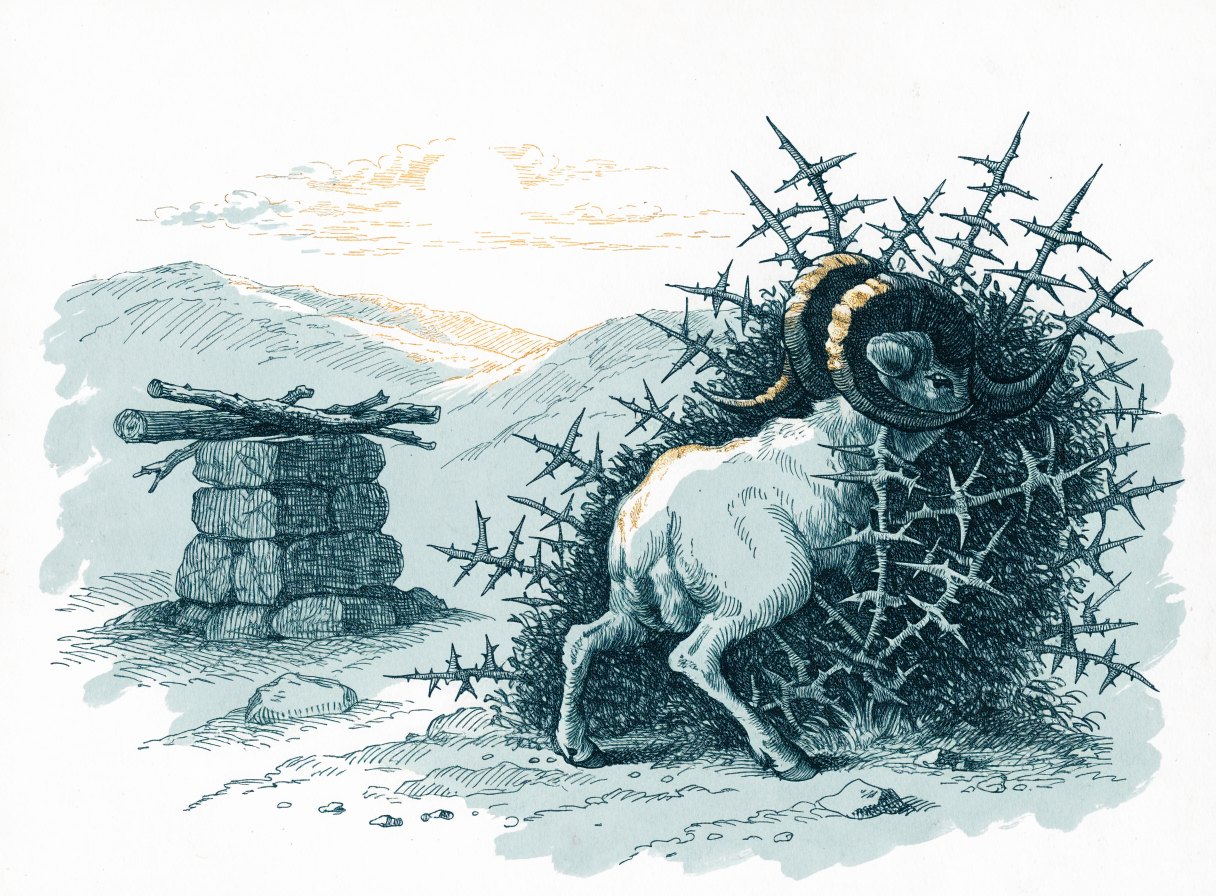 A ram caught by its curved horns in a thorny bush beside a stone altar on a mountaintop at dawn
