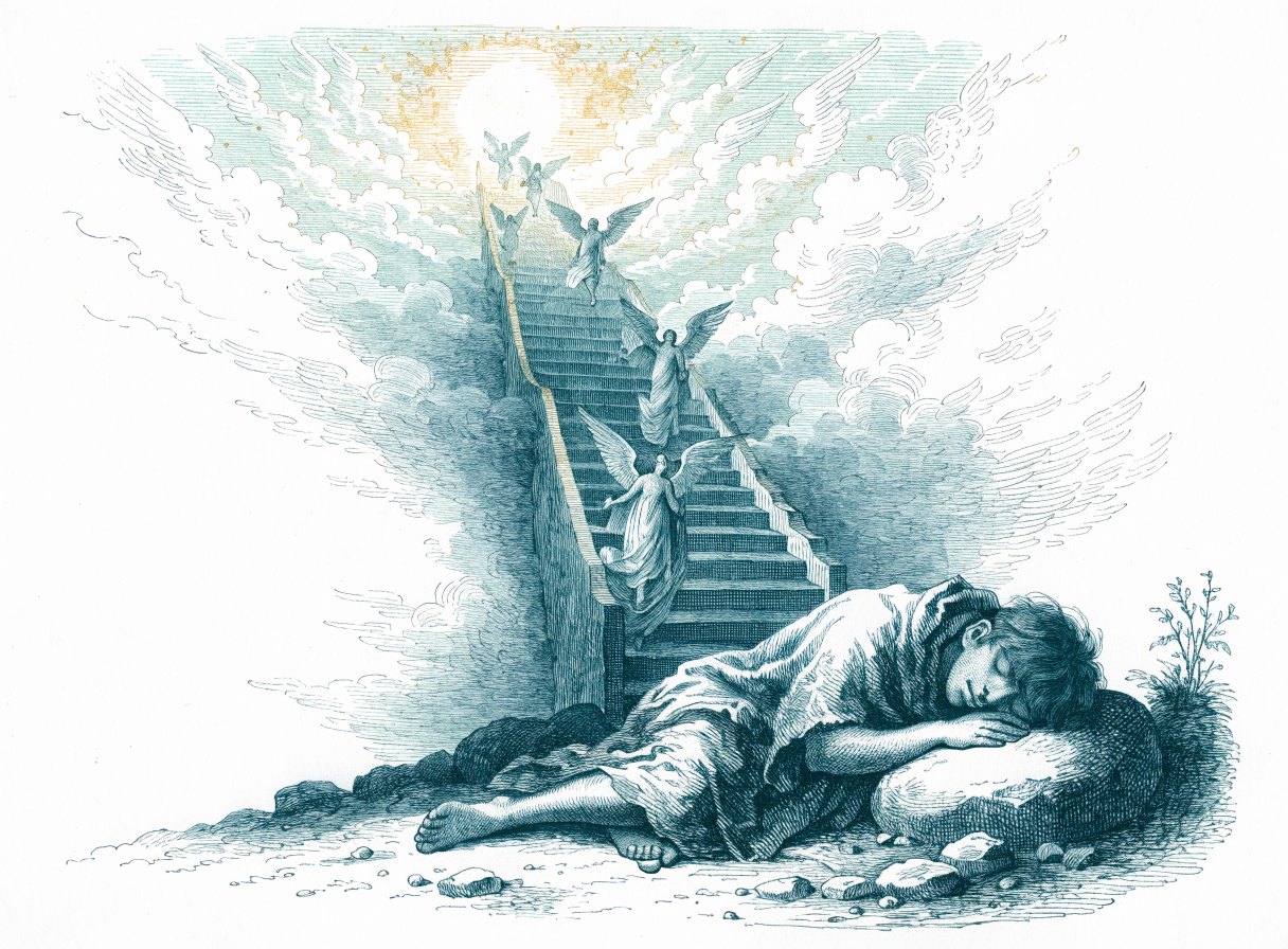 A young traveler asleep on rocky ground with his head on a stone, while a great stairway rises above him into the sky with angels going up and down toward a blaze of light