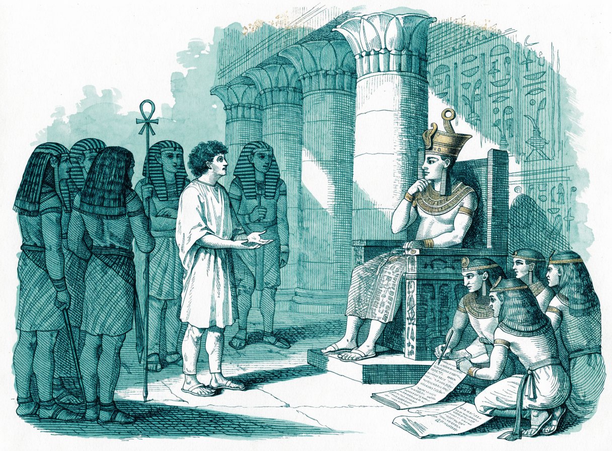 A young Hebrew man in plain linen standing before Pharaoh on a gold throne in a columned Egyptian hall, explaining his dreams while courtiers watch