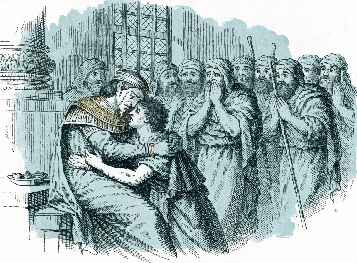 An Egyptian governor weeping as he embraces a younger brother while ten bearded shepherd brothers stand stunned around them