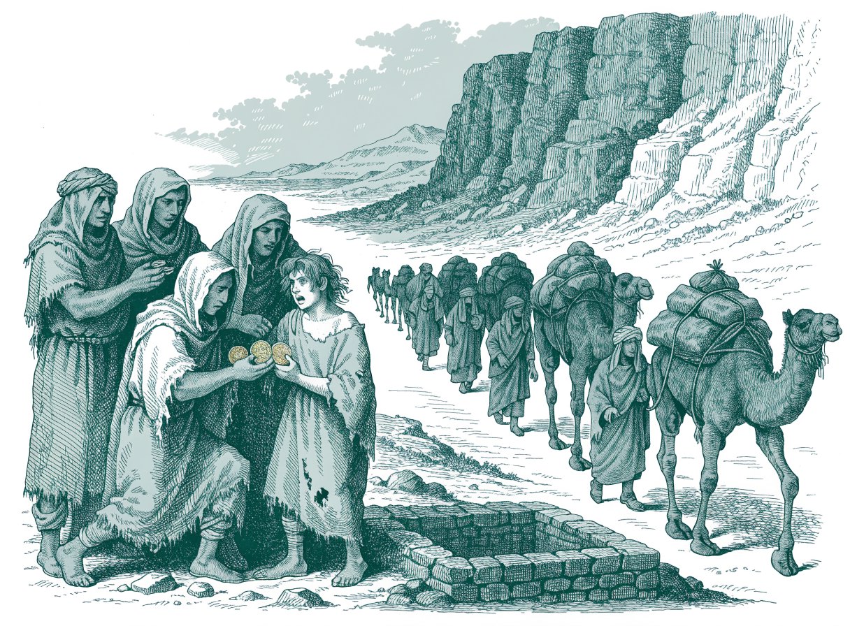 Shepherd brothers beside an empty stone cistern handing over a frightened young man to traders with a line of camels, while one brother holds out the silver
