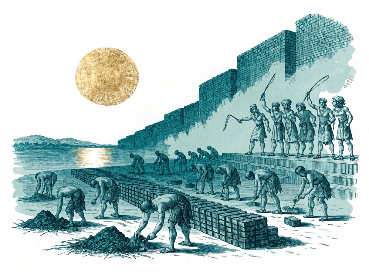 Hebrew slaves beside the Nile kneading mud and straw and stacking rows of bricks while Egyptian taskmasters with whips watch beside a great wall