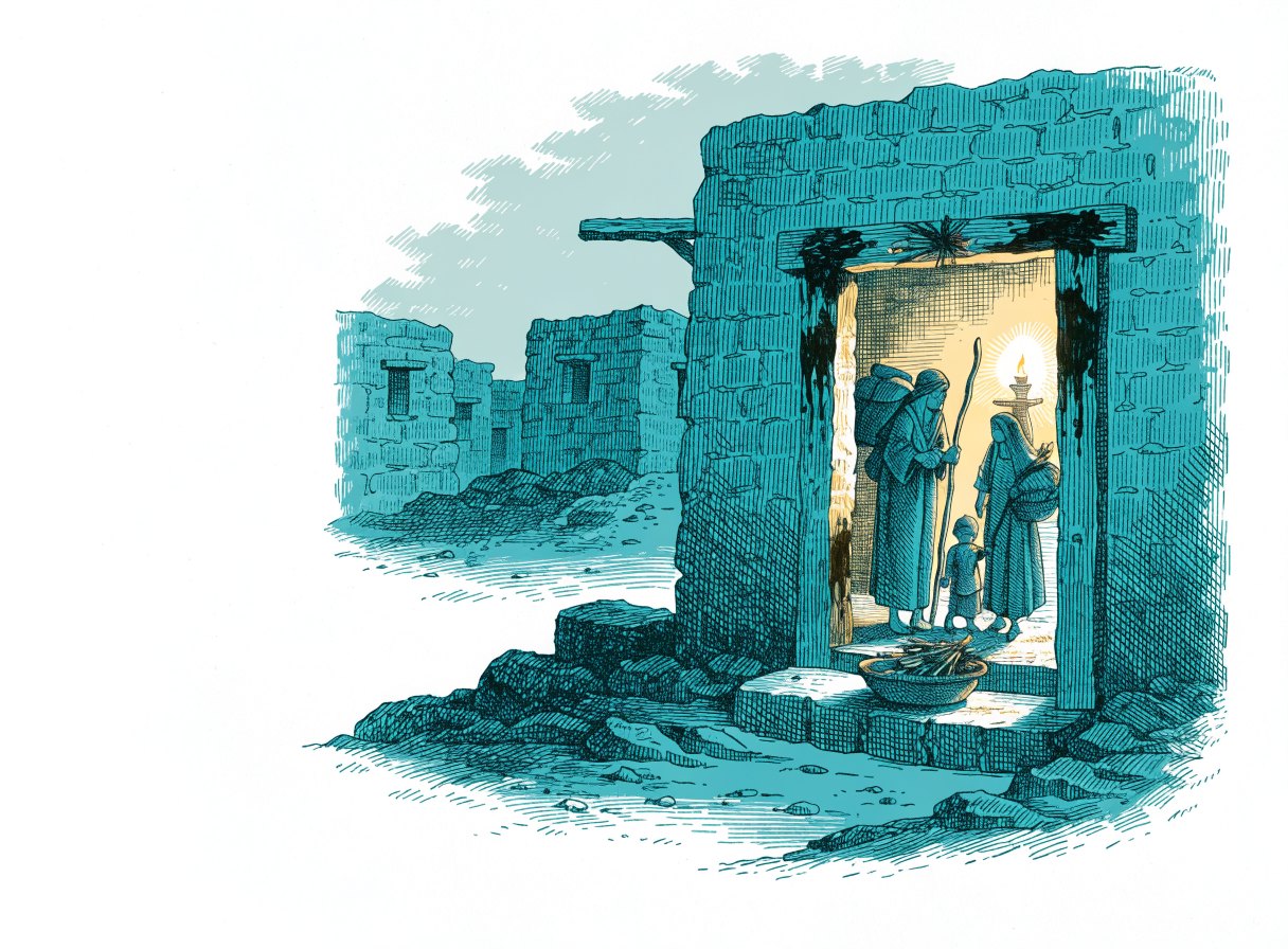 Night in an ancient village; a mud-brick doorway marked with blood on both posts and the top beam, a basin with hyssop on the step, and a family inside dressed for travel with staffs in hand