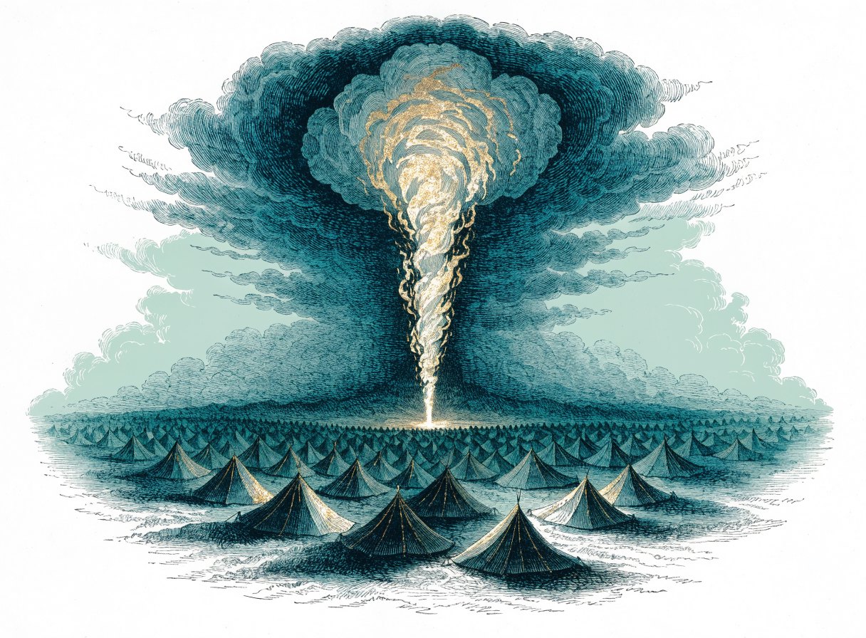A great desert encampment of tents at night beneath a towering column of fire rising into the clouds