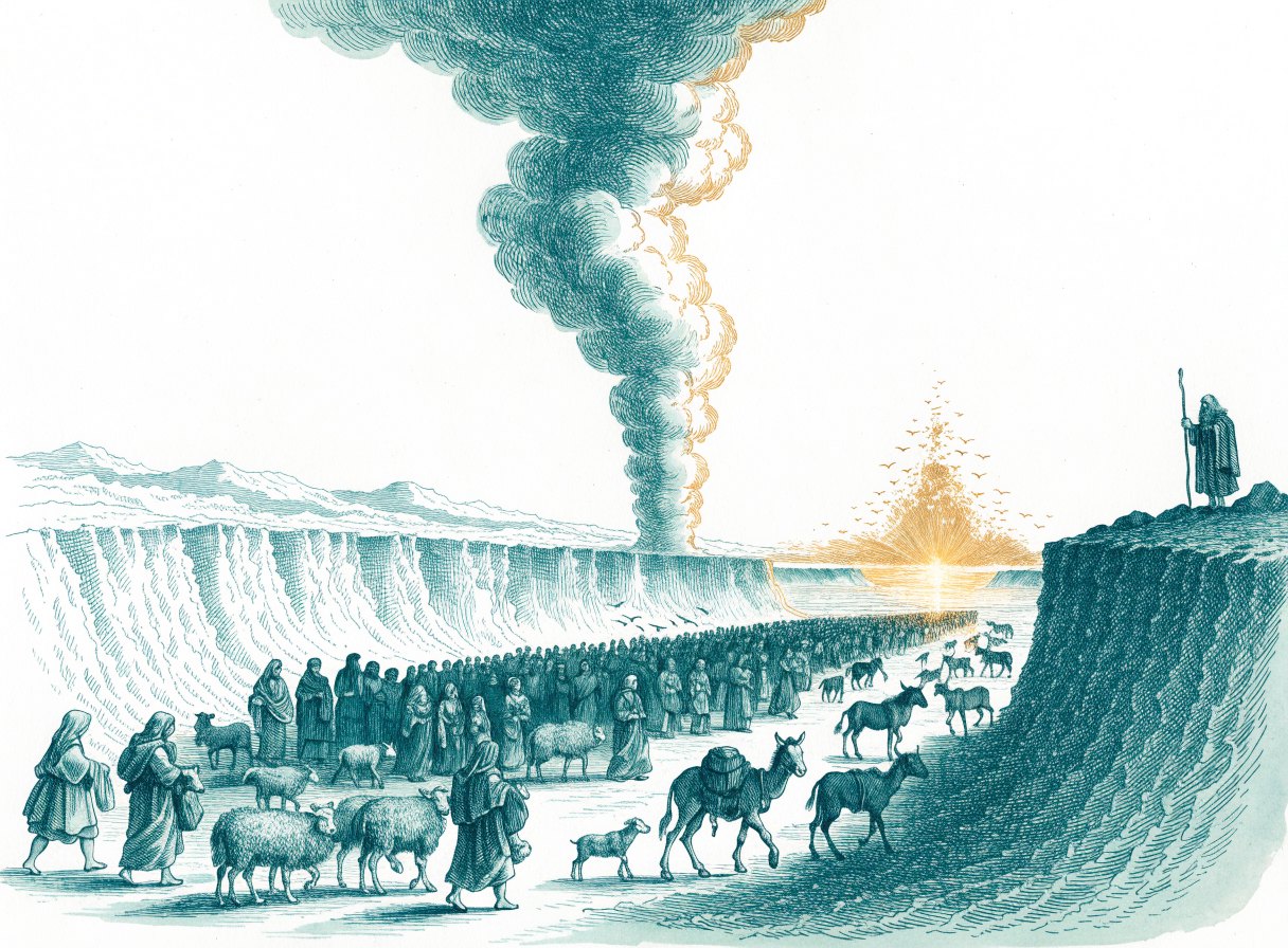 A vast multitude with flocks walking on dry ground between towering walls of water, a pillar of cloud and fire behind them and an old man with a staff on the far shore