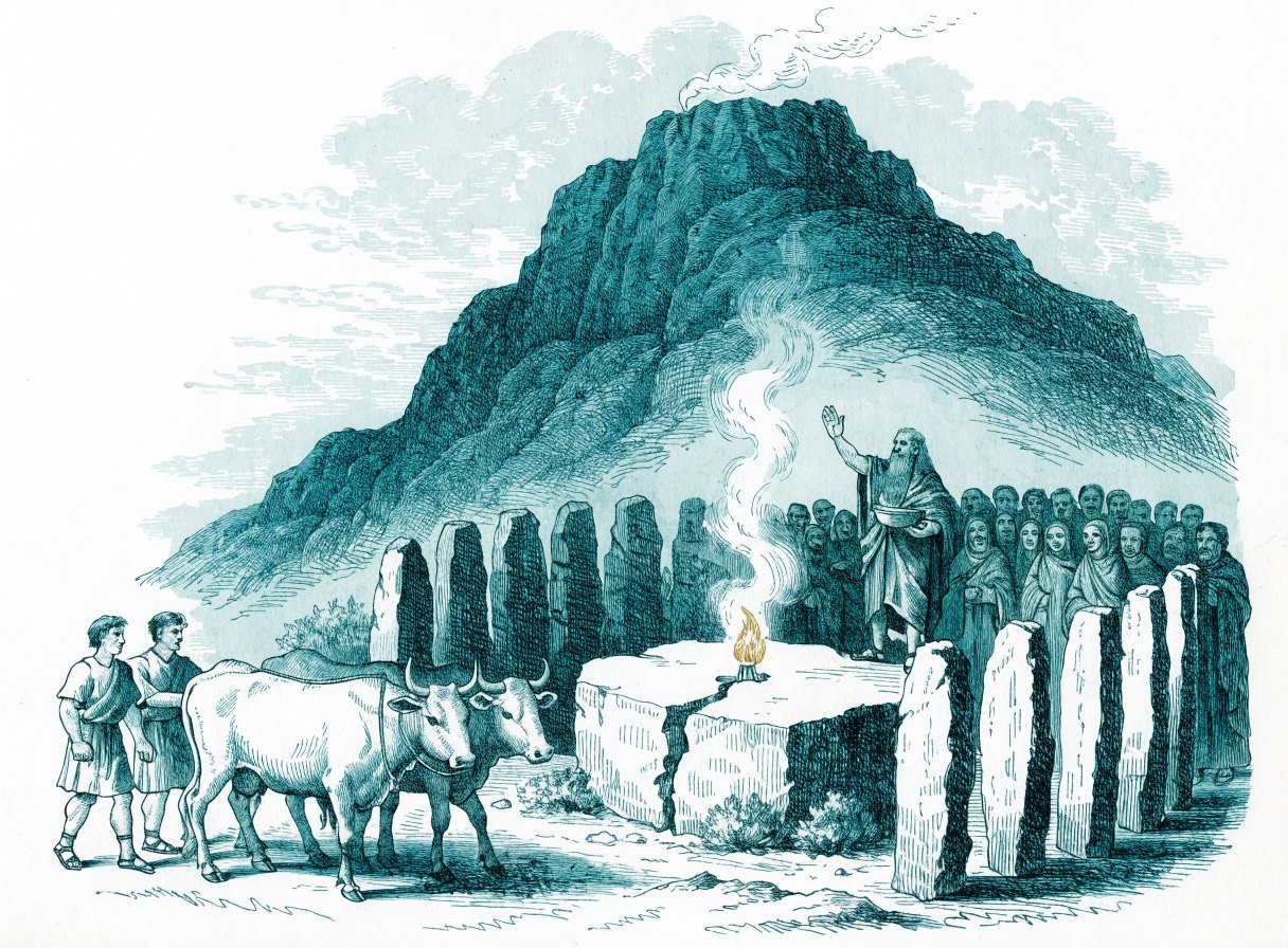 At the foot of a mountain a stone altar with smoke rising, surrounded by twelve standing stone pillars, while young men lead oxen forward and a leader raises his hand over a crowd
